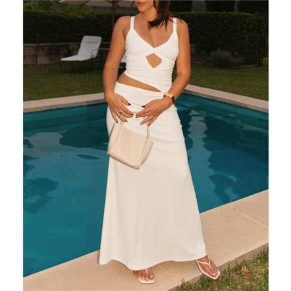 Women Sexy Maxi Dress Cut Out White - Picture 5 of 7